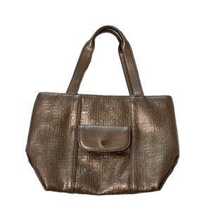 Liz Claiborne oooo shiny gold handbag with stylized “LC” pattern